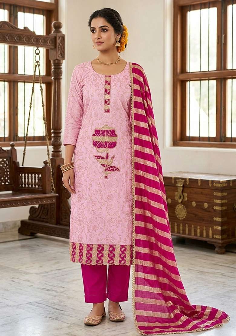 Pink Embroidery Cotton Kurta Set - Indya