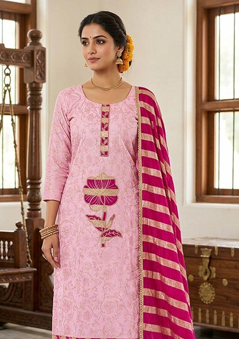 Pink Embroidery Cotton Kurta Set - Indya