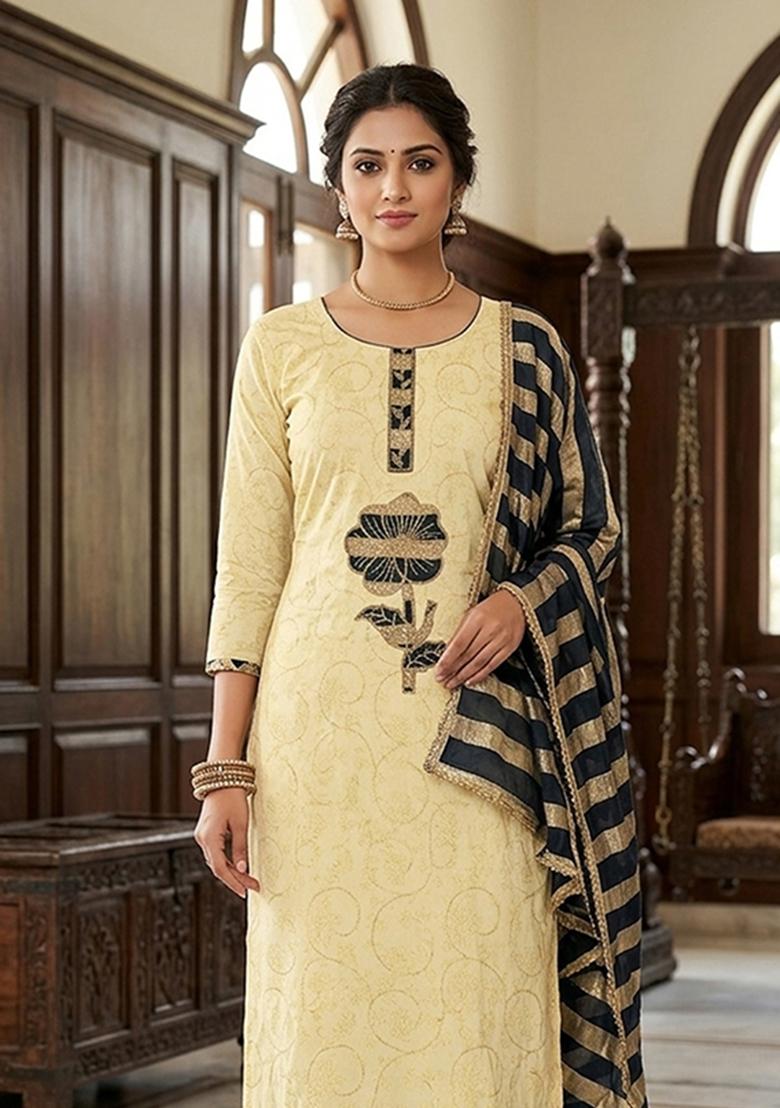 Cream Embroidery Cotton Kurta Set - Indya