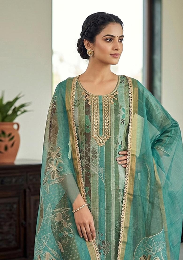 Sea Green Embroidery Cotton Kurta Set - Indya