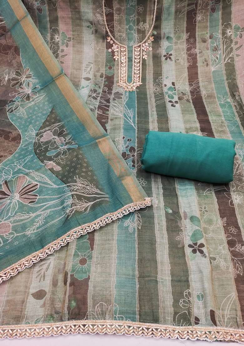 Sea Green Embroidery Cotton Kurta Set - Indya