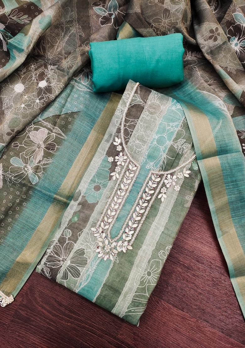 Sea Green Embroidery Cotton Kurta Set - Indya
