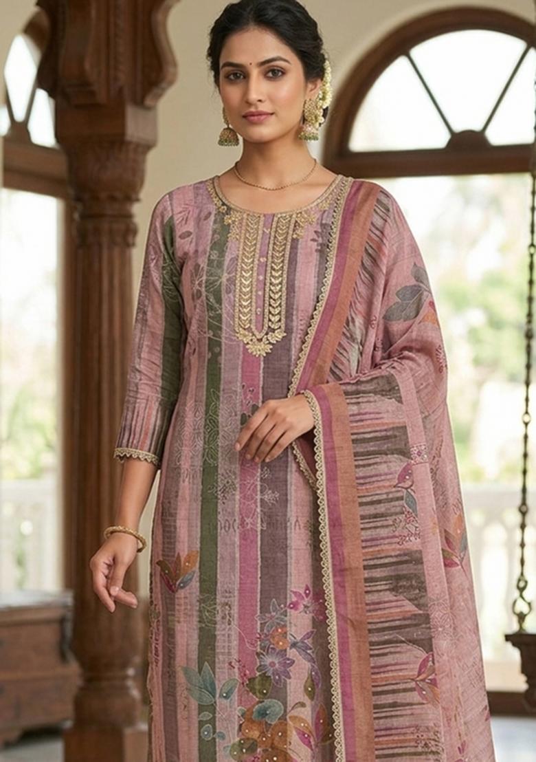 Purple Embroidery Cotton Kurta Set - Indya