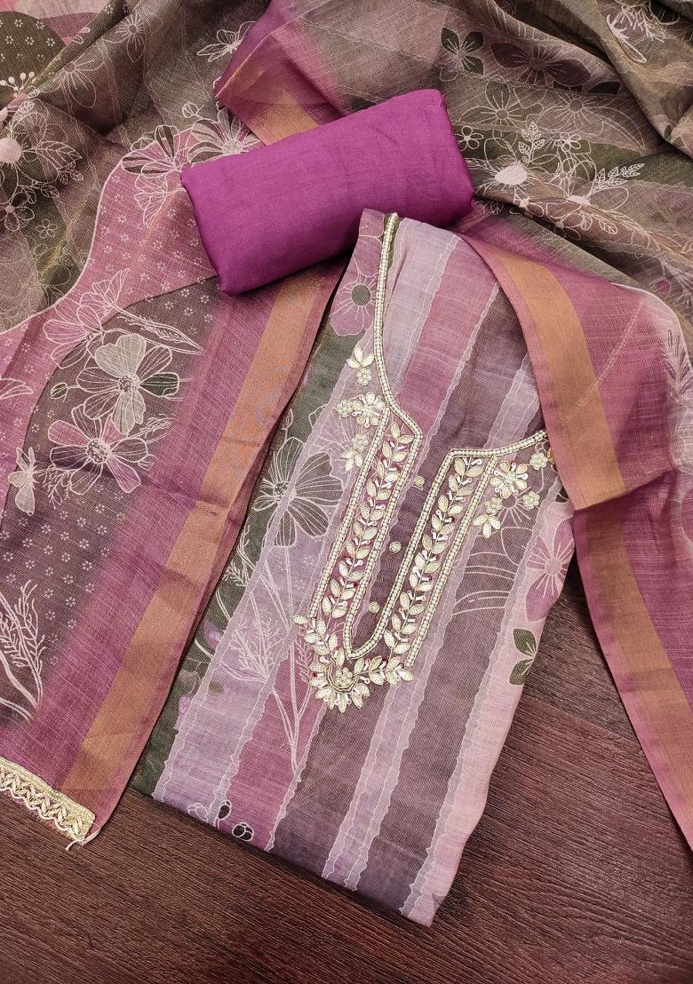 Purple Embroidery Cotton Kurta Set - Indya