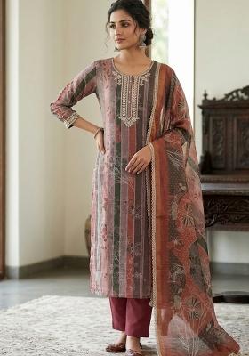 Brown Embroidery Cotton Kurta Set
