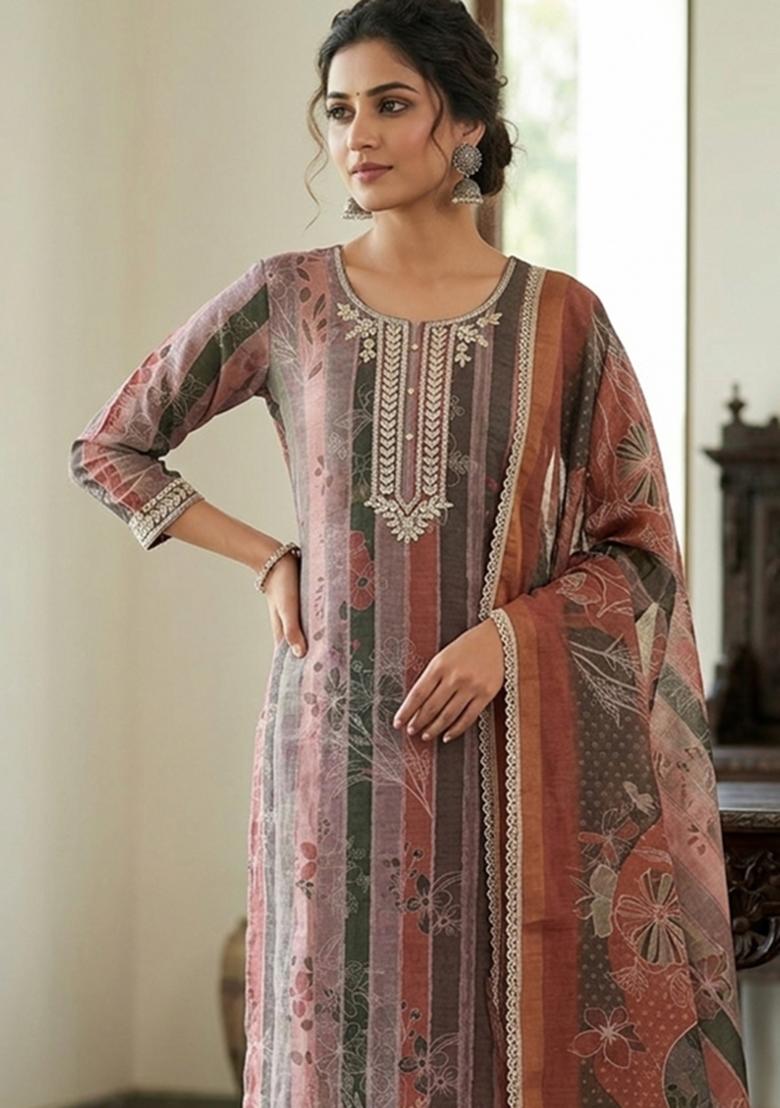 Brown Embroidery Cotton Kurta Set - Indya