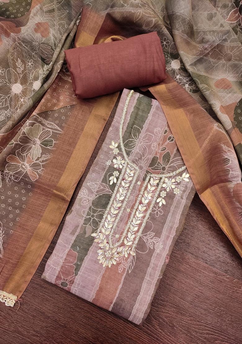 Brown Embroidery Cotton Kurta Set - Indya