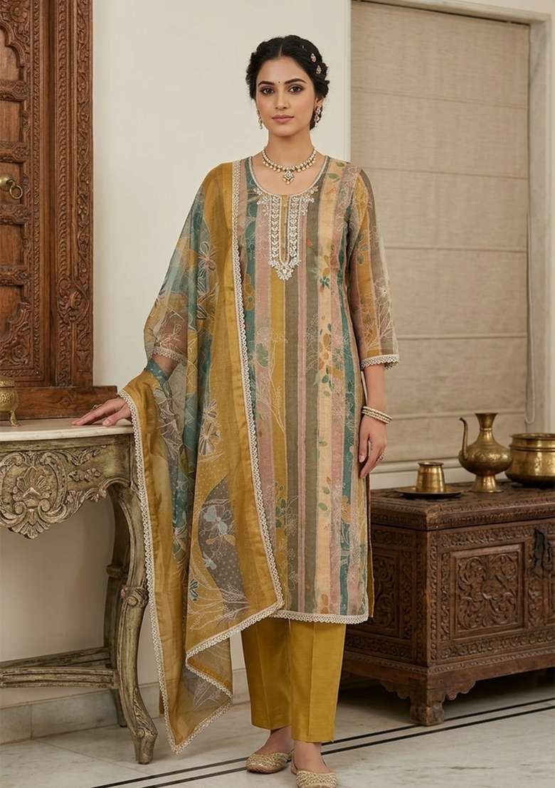 Mustard Embroidery Cotton Kurta Set - Indya
