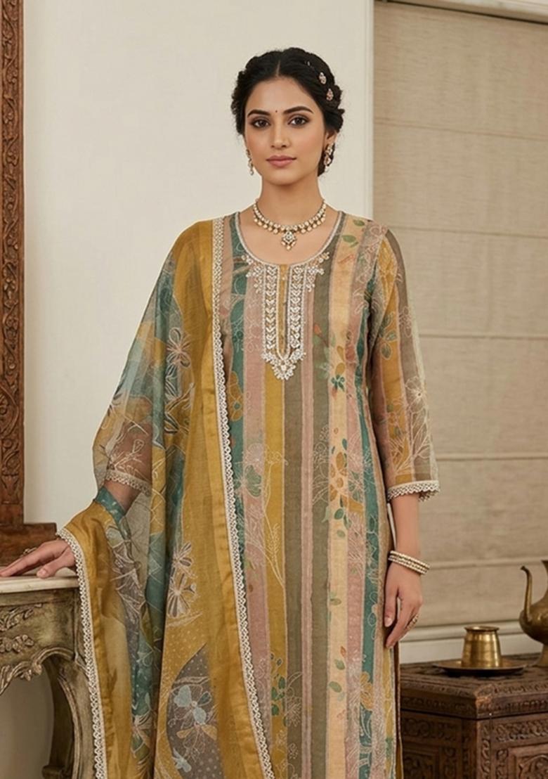 Mustard Embroidery Cotton Kurta Set - Indya