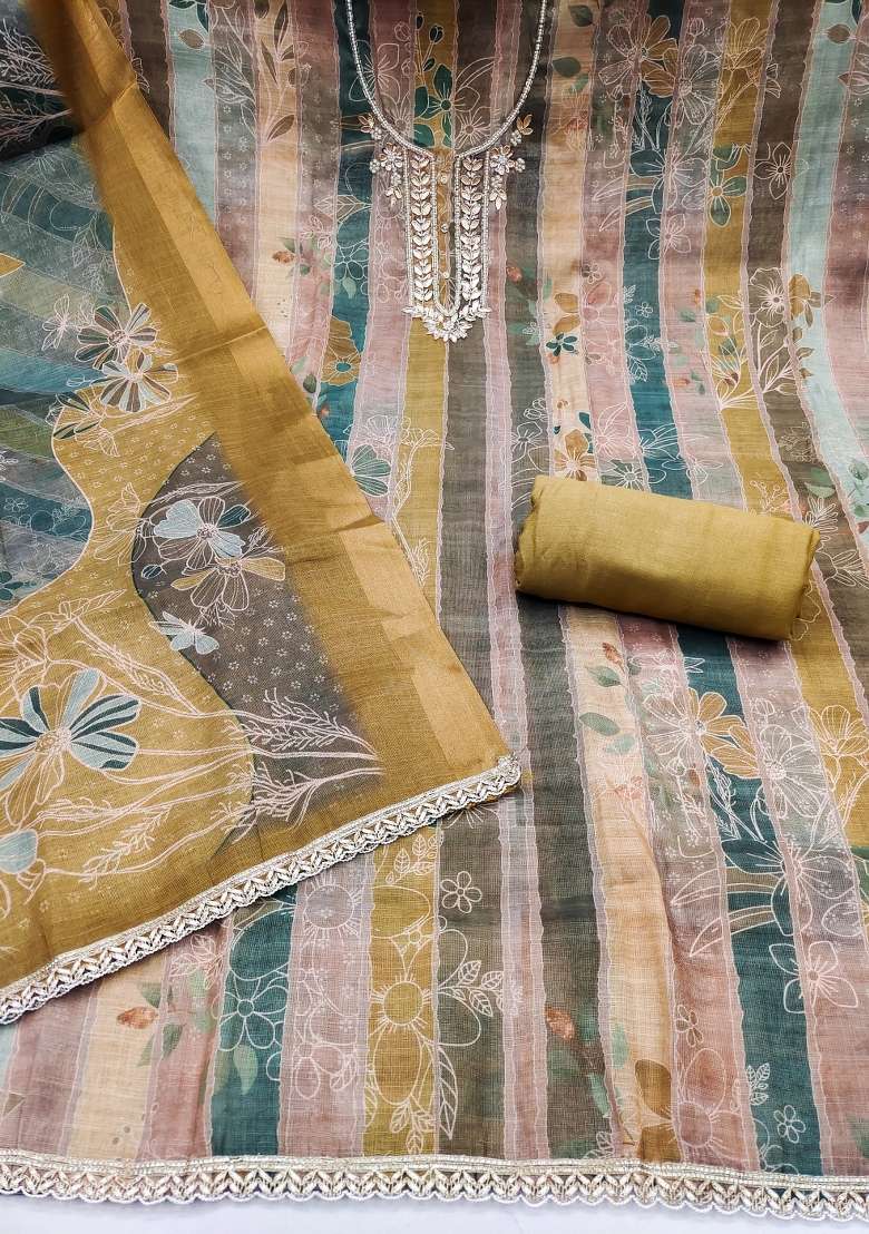 Mustard Embroidery Cotton Kurta Set - Indya