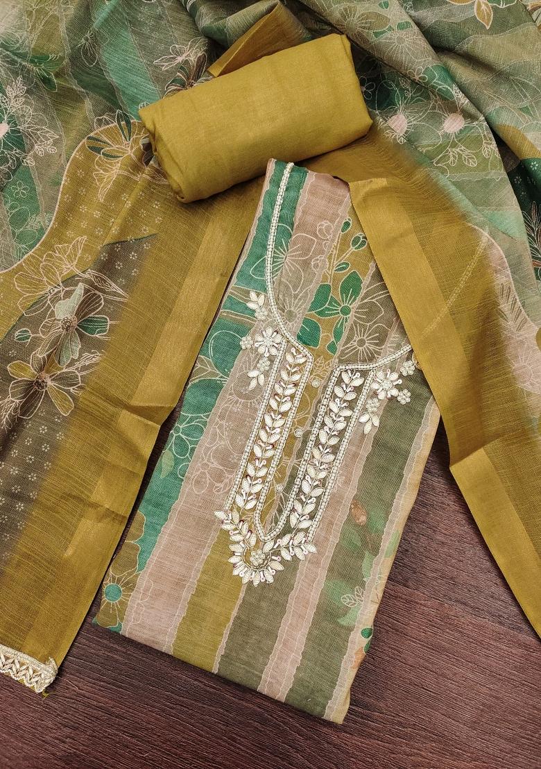 Mustard Embroidery Cotton Kurta Set - Indya