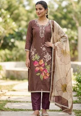 Brown Embroidery Cotton Kurta Set