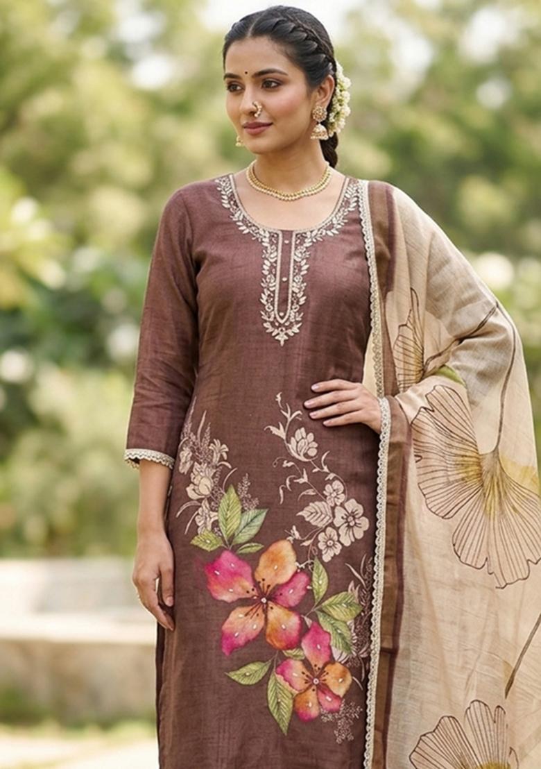Brown Embroidery Cotton Kurta Set - Indya