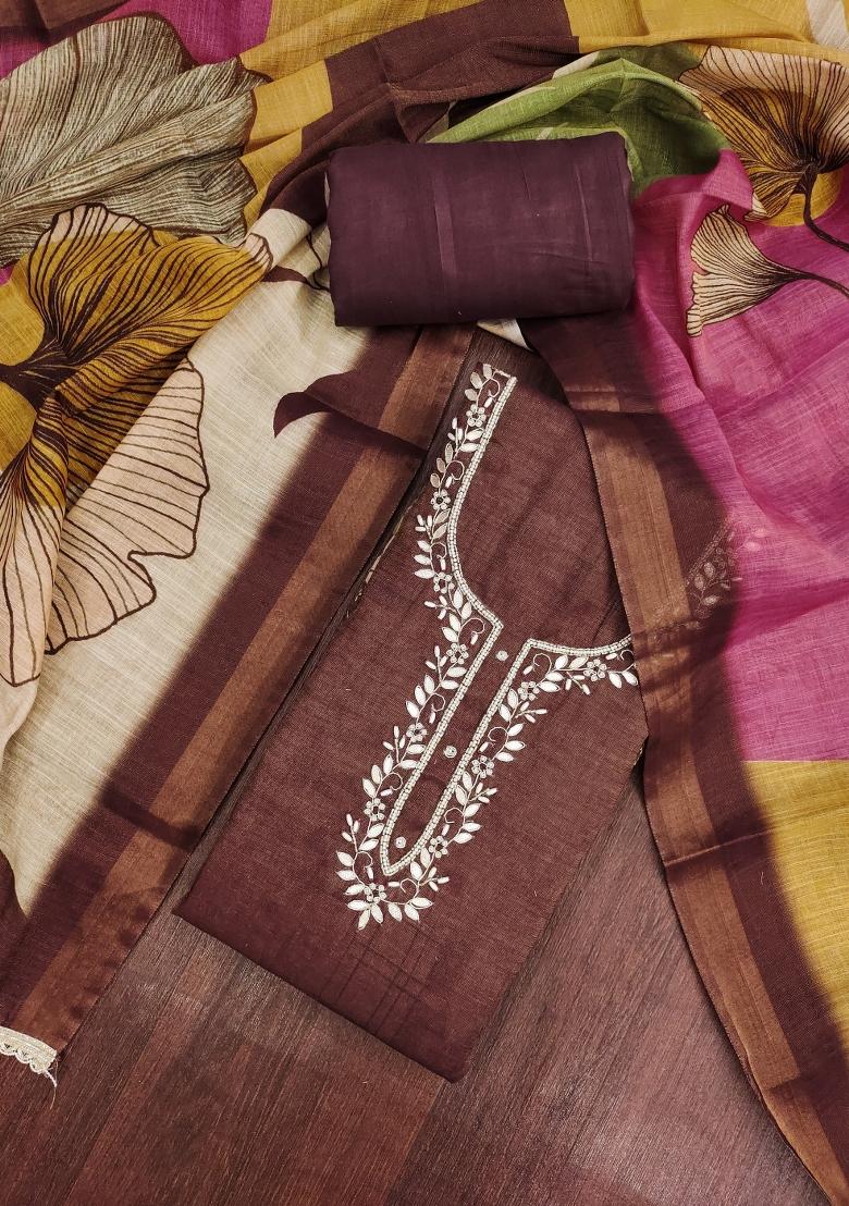 Brown Embroidery Cotton Kurta Set - Indya