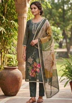 Grey Embroidery Cotton Kurta Set