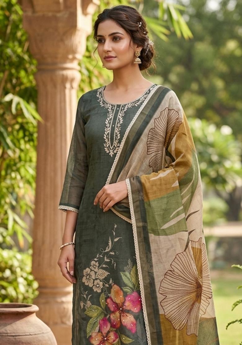 Grey Embroidery Cotton Kurta Set - Indya
