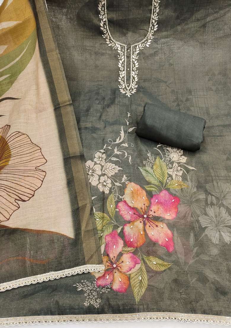 Grey Embroidery Cotton Kurta Set - Indya