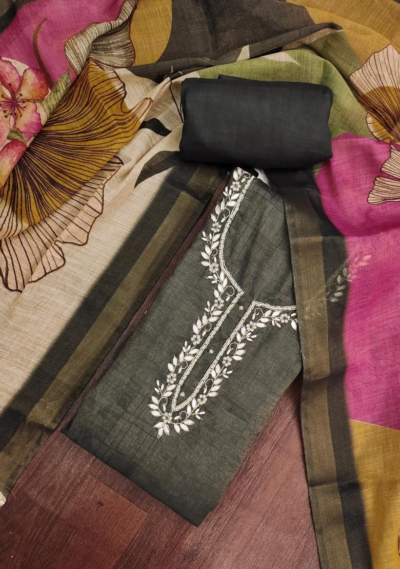 Grey Embroidery Cotton Kurta Set - Indya