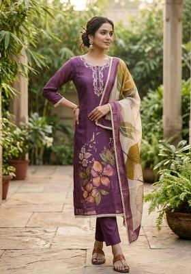 Purple Embroidery Cotton Kurta Set