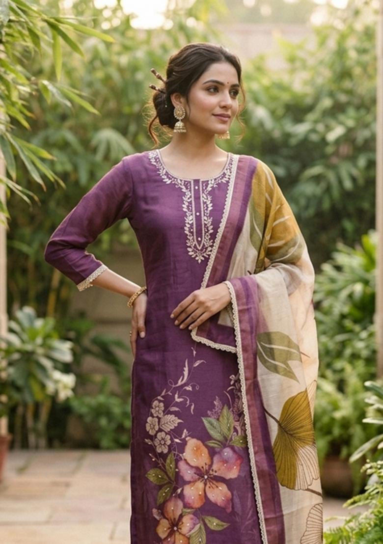 Purple Embroidery Cotton Kurta Set - Indya