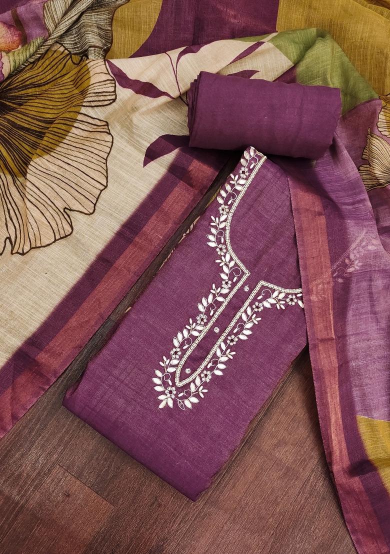 Purple Embroidery Cotton Kurta Set - Indya
