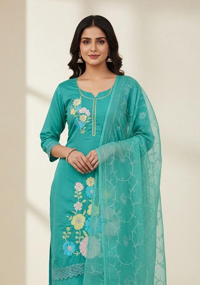 Sea Green Embroidery Silk Kurta Set - Indya