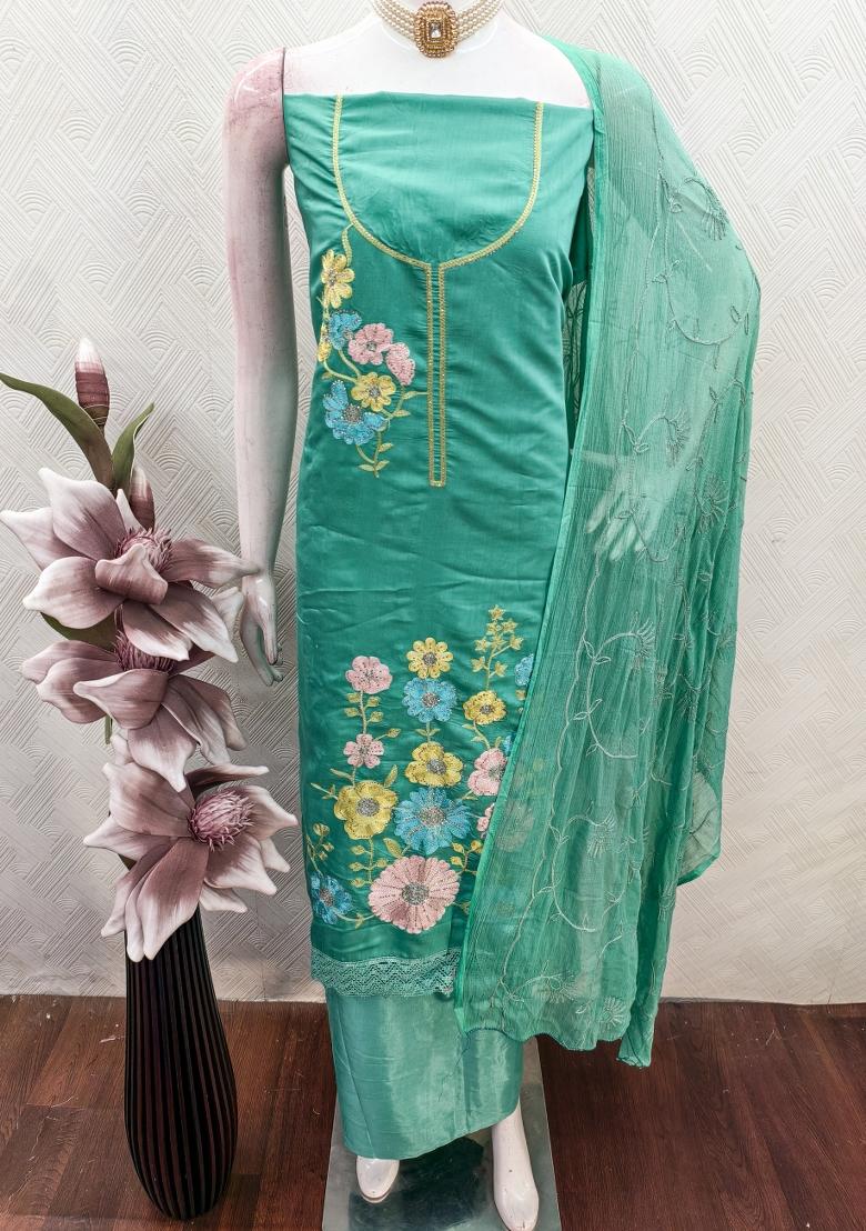 Sea Green Embroidery Silk Kurta Set - Indya