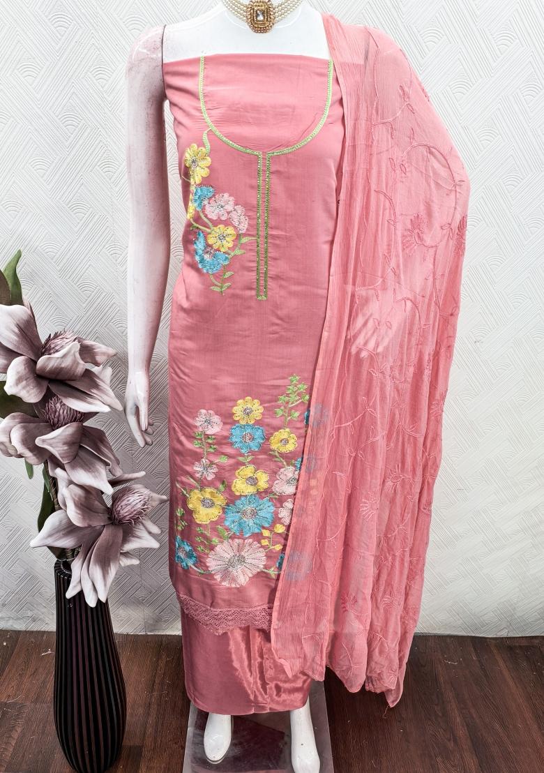 Pink Embroidery Silk Kurta Set - Indya