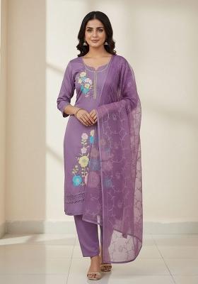 Purple Embroidery Silk Kurta Set