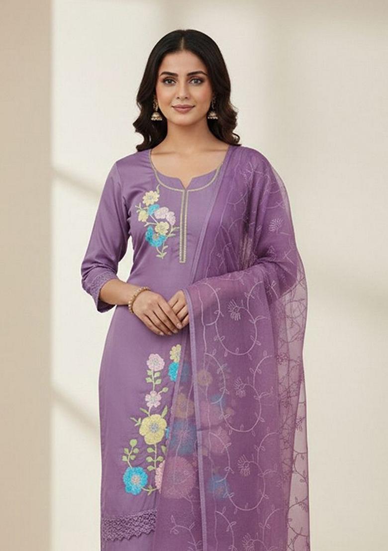 Purple Embroidery Silk Kurta Set - Indya