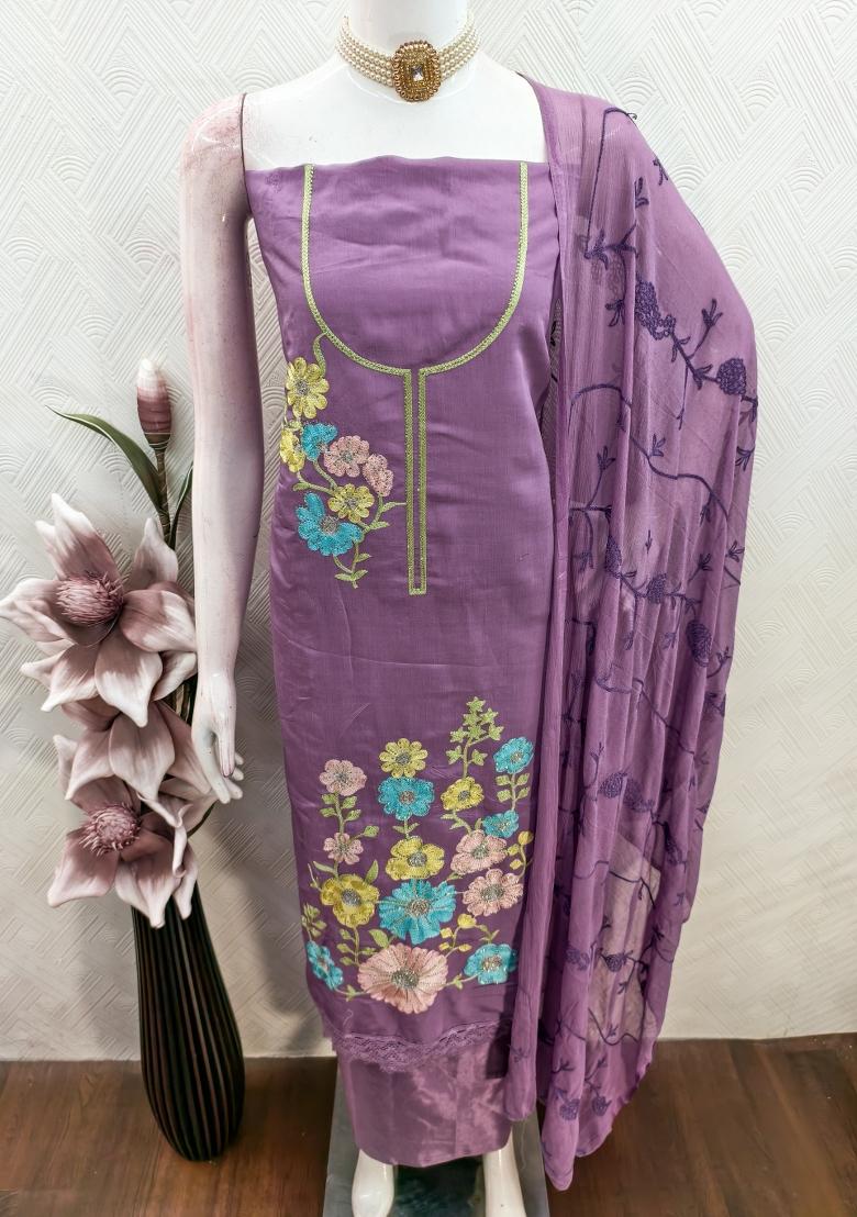 Purple Embroidery Silk Kurta Set - Indya