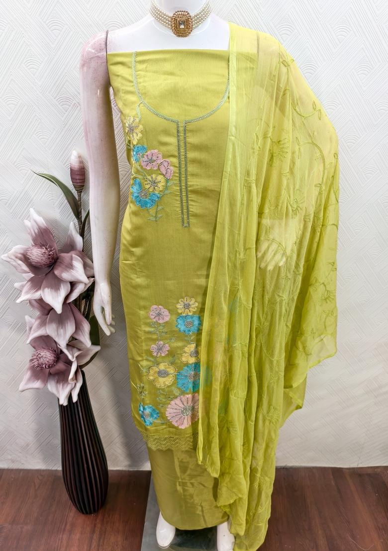 Green Embroidery Silk Kurta Set - Indya