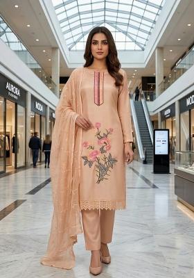 Peach Embroidery Silk Kurta Set