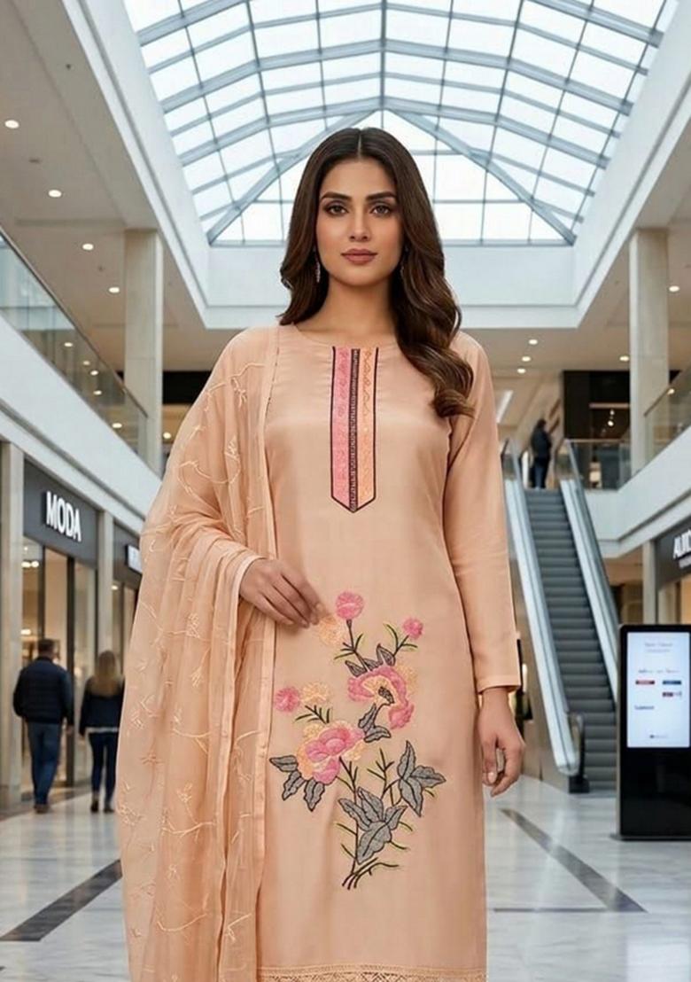 Peach Embroidery Silk Kurta Set - Indya