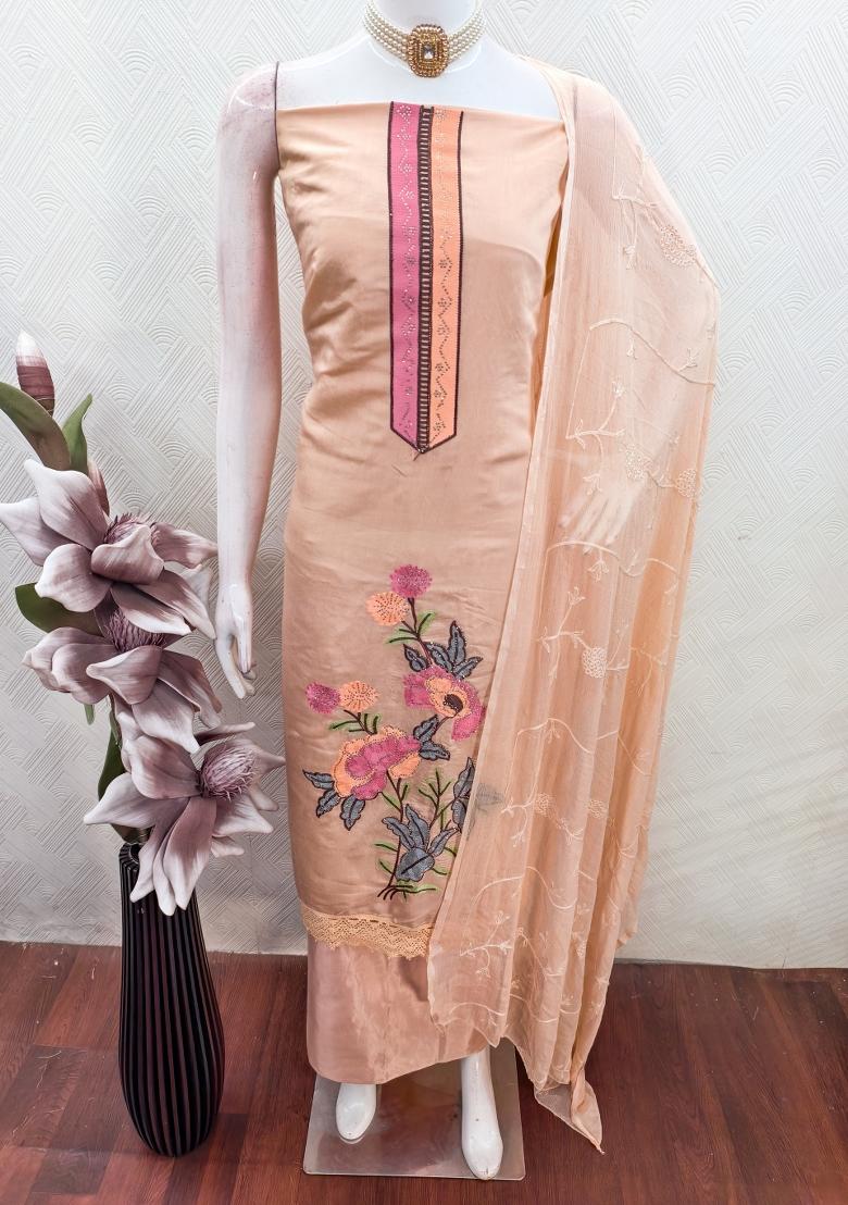 Peach Embroidery Silk Kurta Set - Indya