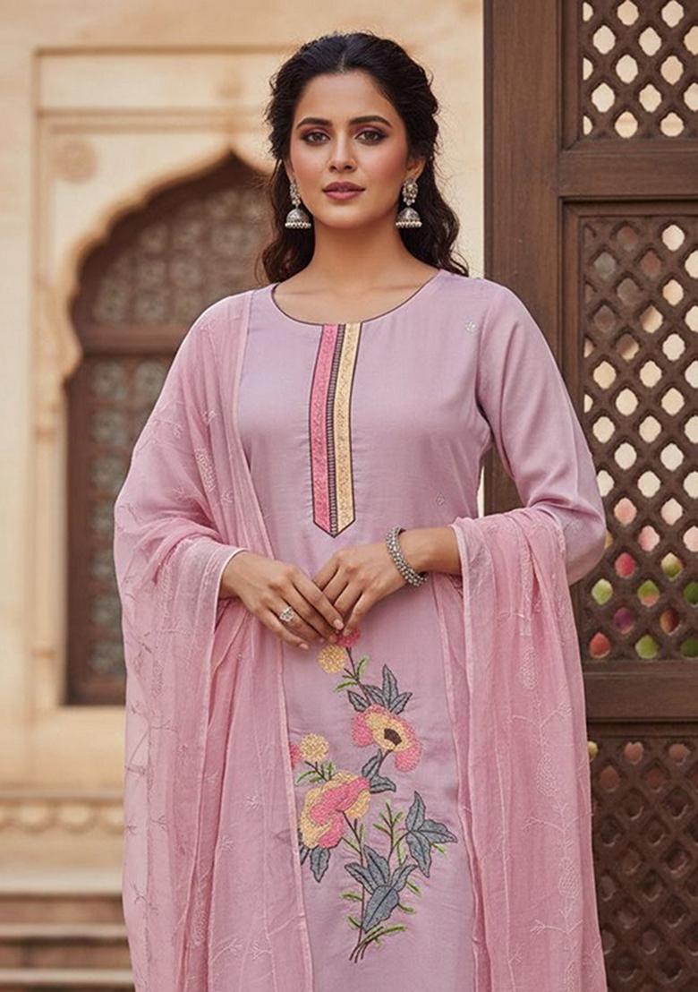 Pink Embroidery Silk Kurta Set - Indya