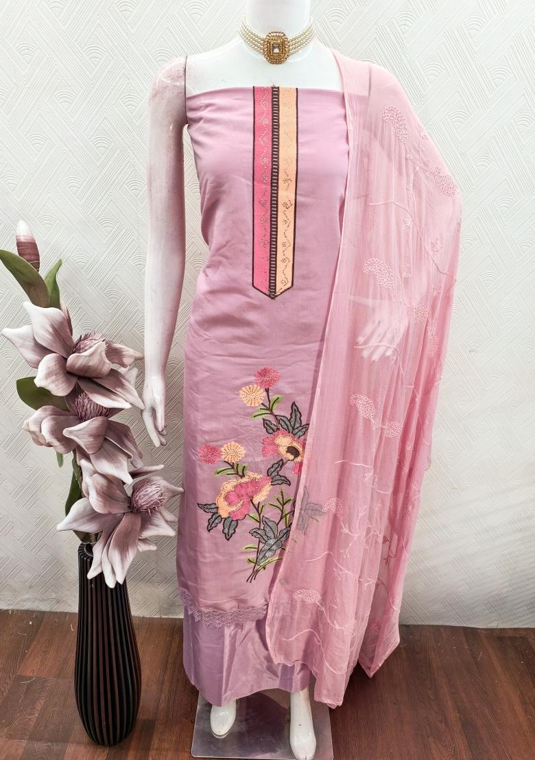 Pink Embroidery Silk Kurta Set - Indya