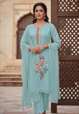 Sky Blue Embroidery Silk Kurta Set
