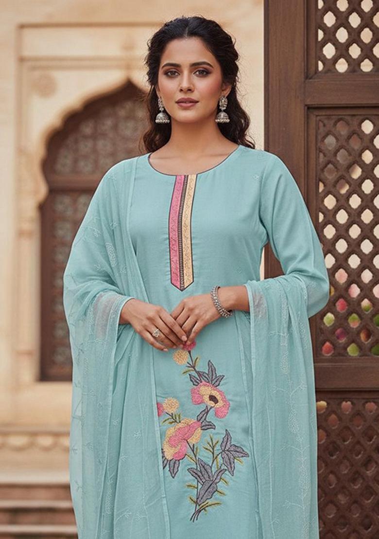 Sky Blue Embroidery Silk Kurta Set - Indya