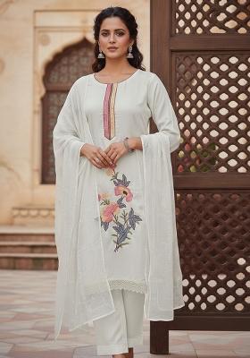 Off White Embroidery Silk Kurta Set
