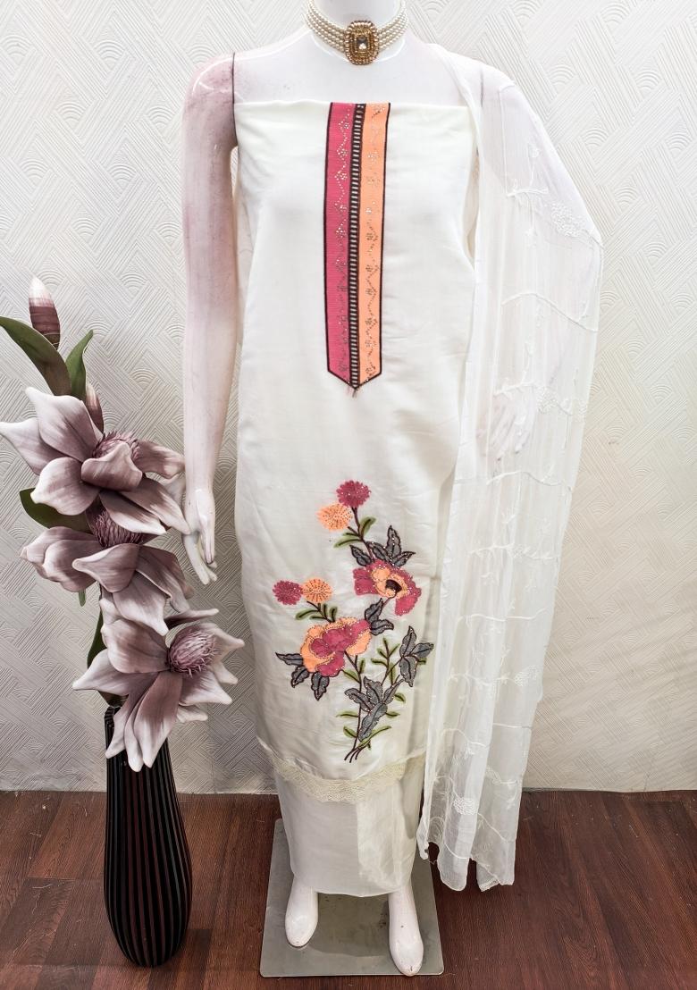 Off White Embroidery Silk Kurta Set - Indya