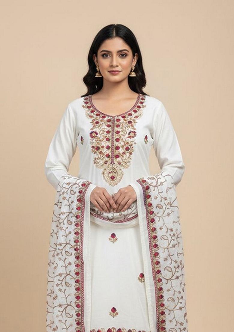 Off White Embroidery Silk Kurta Set - Indya