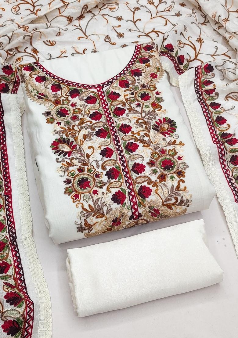 Off White Embroidery Silk Kurta Set - Indya