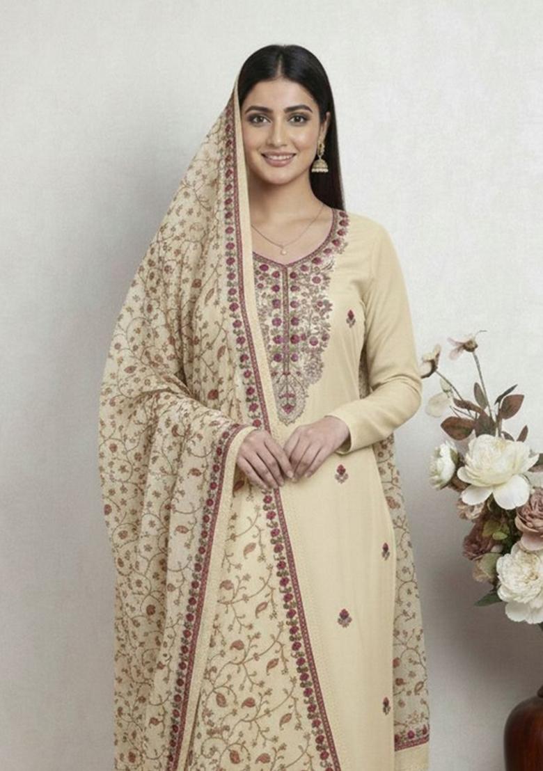 Peach Embroidery Silk Kurta Set - Indya