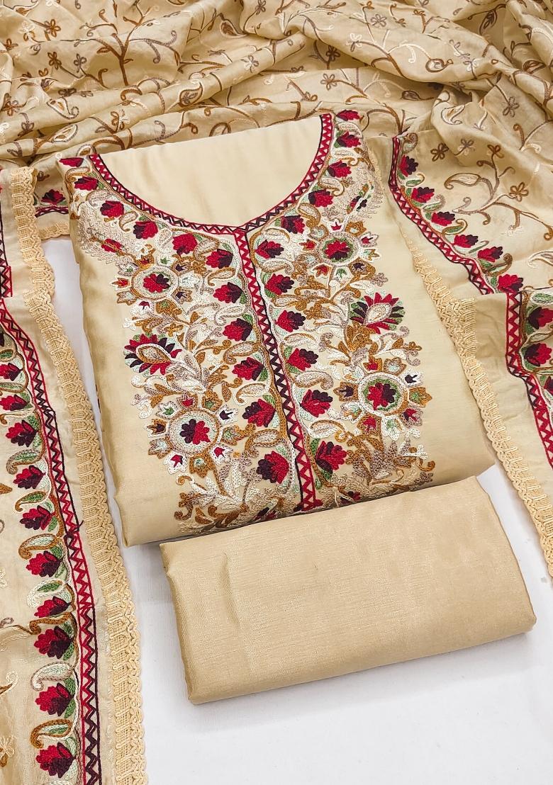Peach Embroidery Silk Kurta Set - Indya