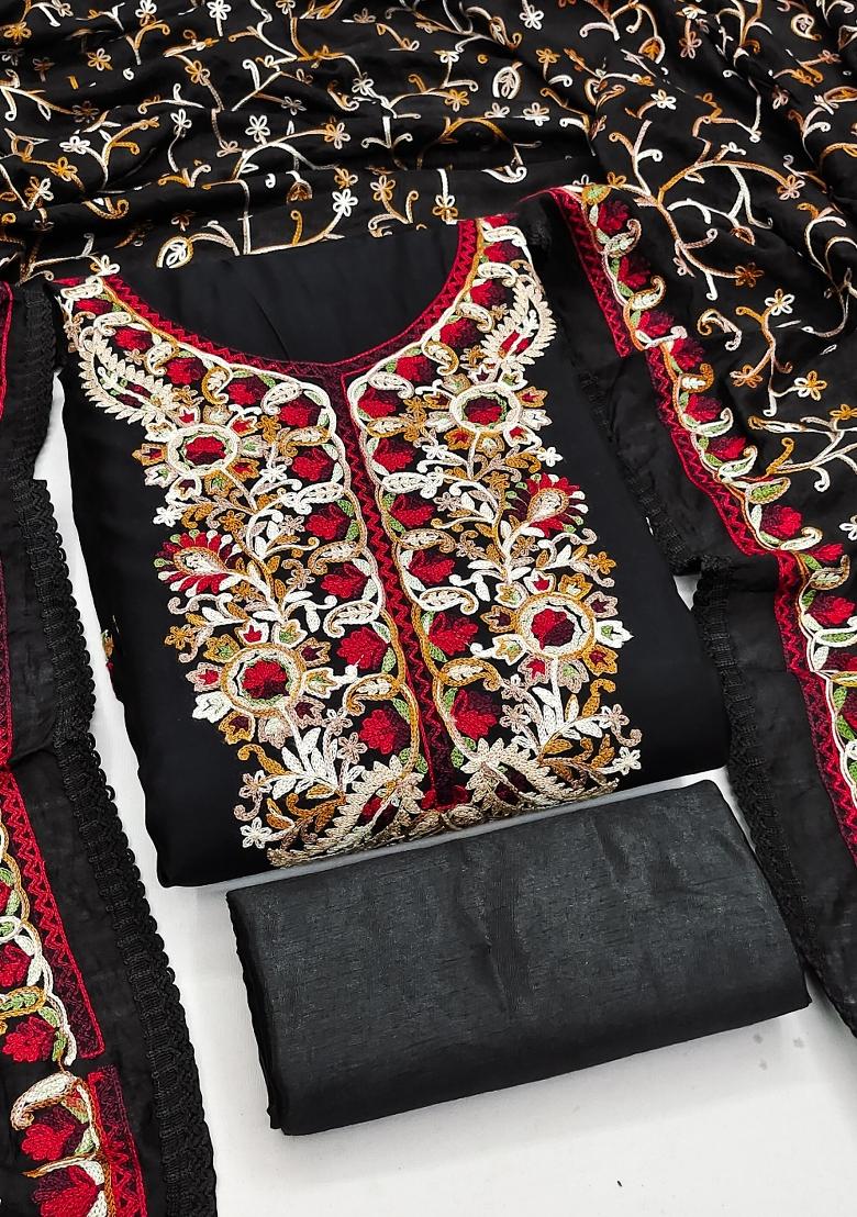 Black Embroidery Silk Kurta Set - Indya