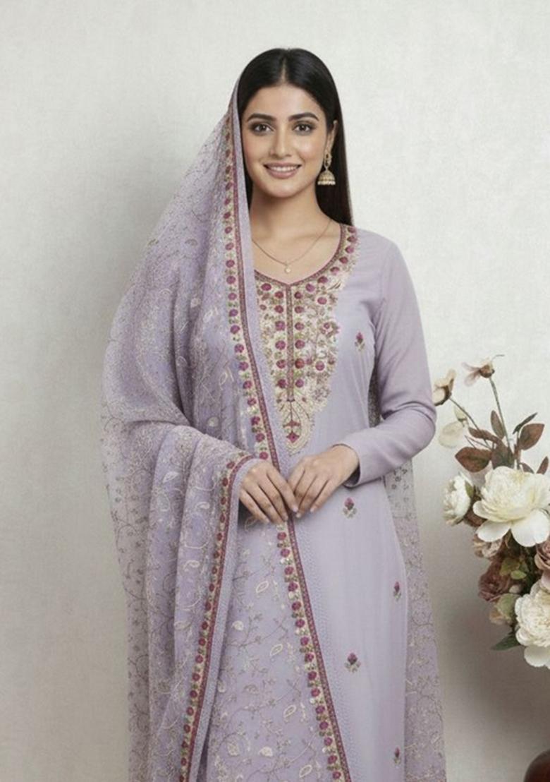 Lavender Embroidery Silk Kurta Set - Indya