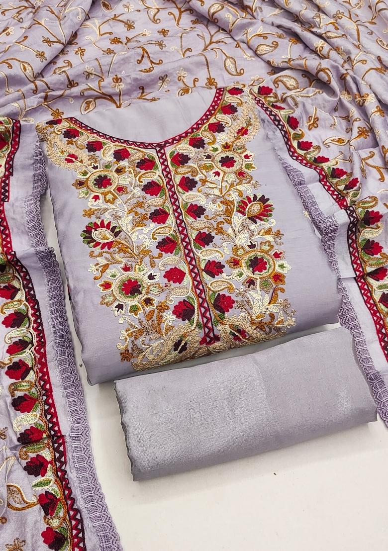Lavender Embroidery Silk Kurta Set - Indya