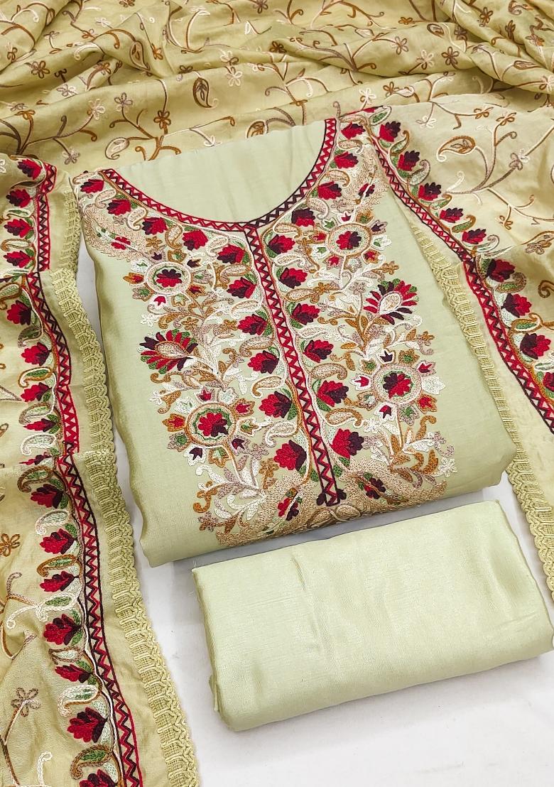Green Embroidery Silk Kurta Set - Indya