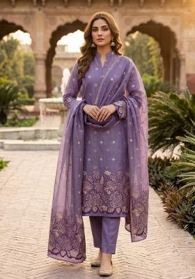 Purple Zari Work Silk Kurta Set